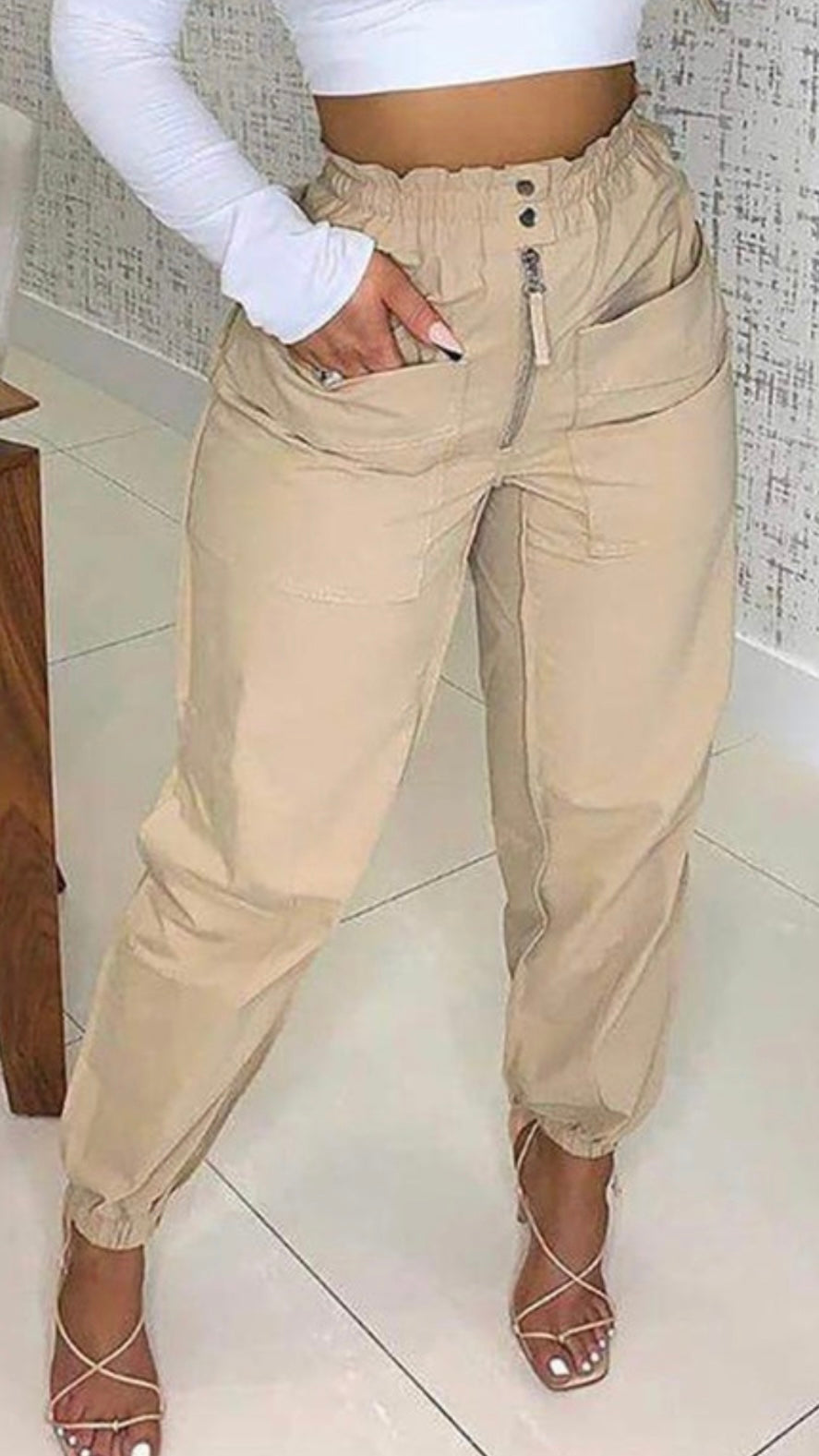 Zipper Button Shirring Pants
